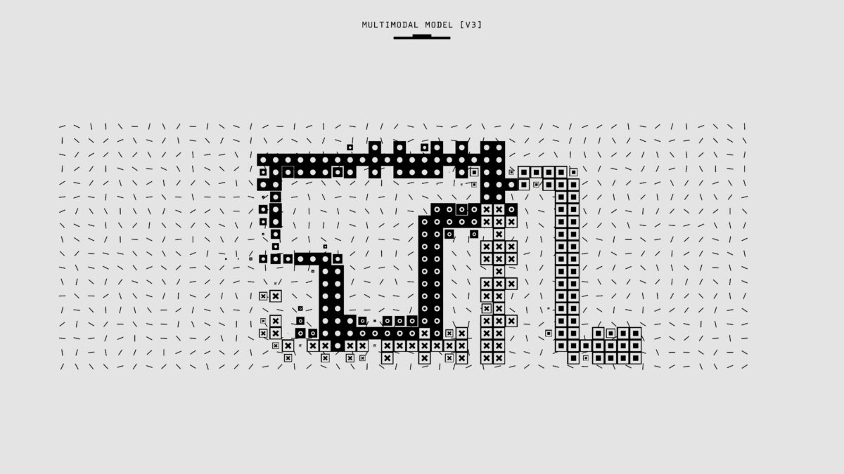 Abstract representation of a multimodal model with vectorized patterns and symbols in monochrome.
